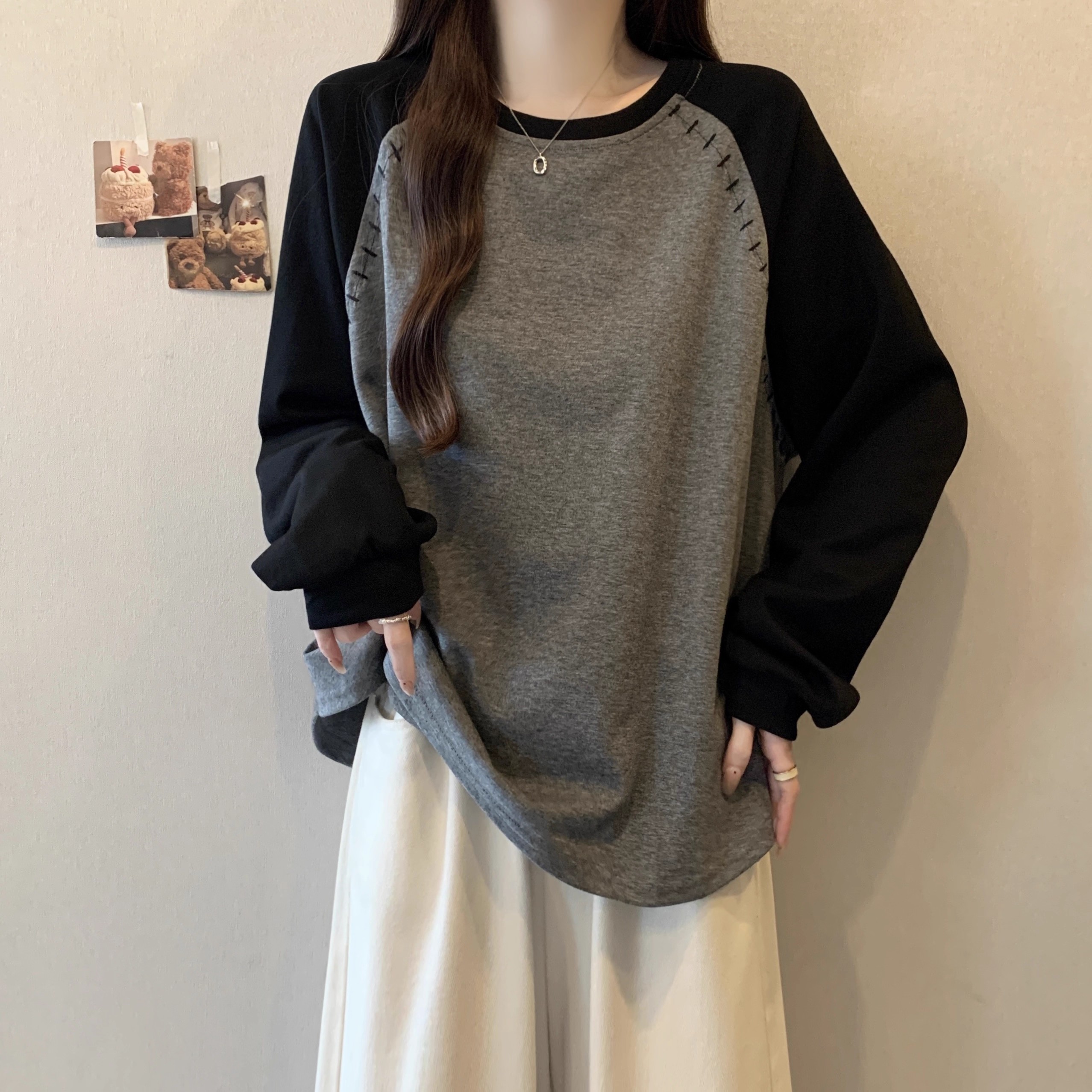 美式拼接设计感撞色长袖卫衣女