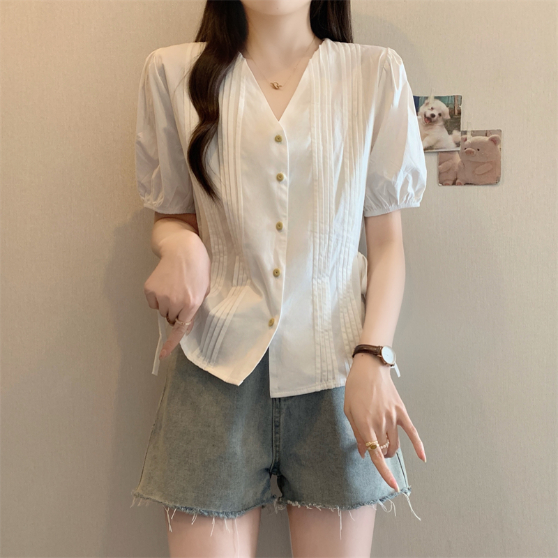 设计感正肩雪纺短袖衬衫女夏季款