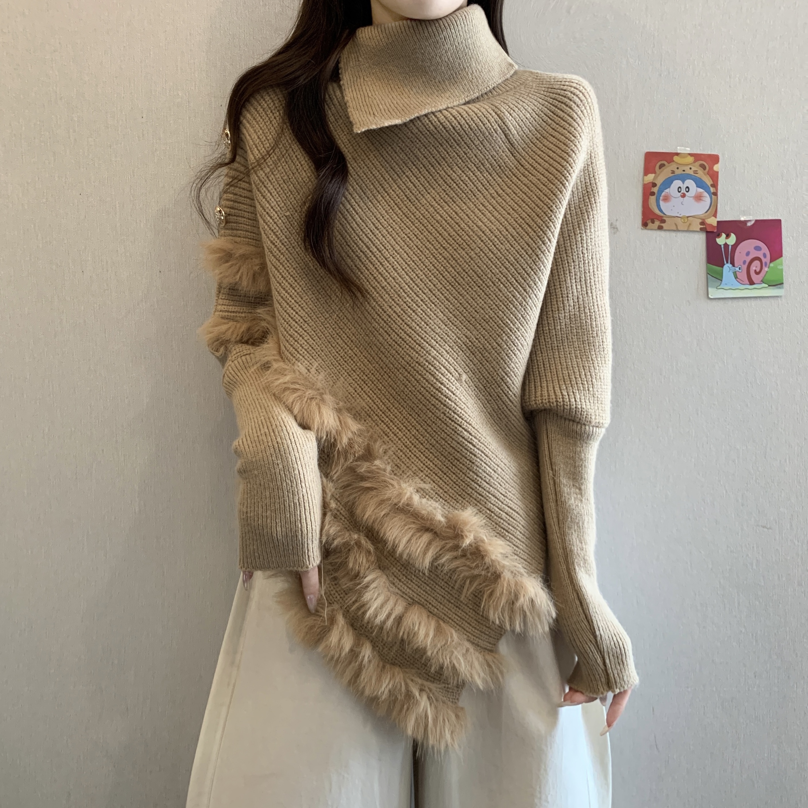 高领堆堆领不规则毛衣女秋冬大码胖mm宽松慵懒内搭蝙蝠袖针织衫