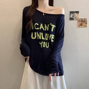 复古慵懒风字母印花长袖 新款 大码 T恤女夏季 上衣 胖MM薄款 外搭罩衫