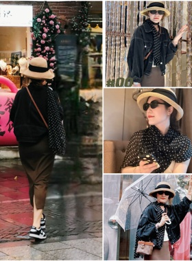 桑蚕丝丝巾黑白色复古波点围巾森女文艺圆点100%真丝长巾防晒披肩
