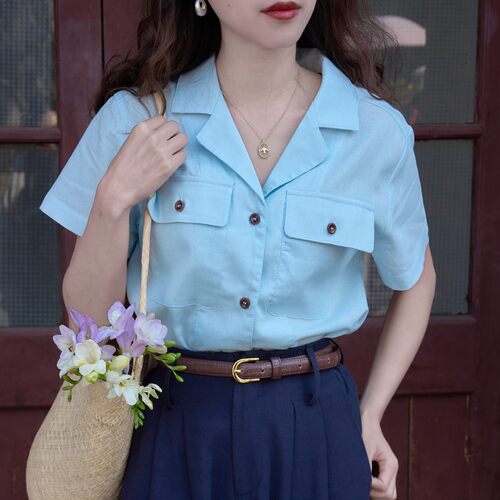 小个子夏日海盐蓝法式亚麻衬衫
