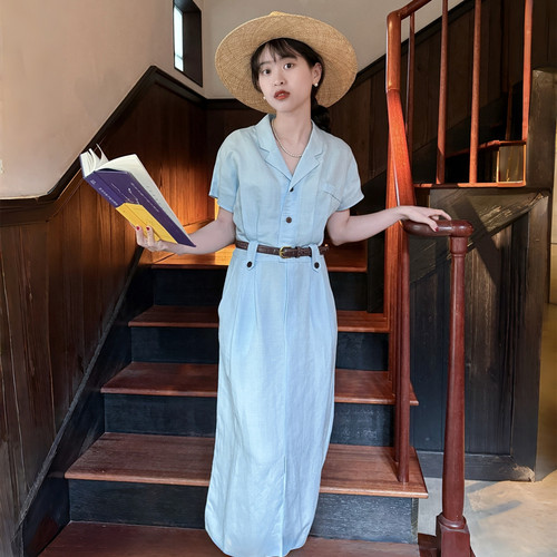 好在 上新9折+立减到手190 复古法式古巴领蓝色亚麻衬衫连衣裙夏