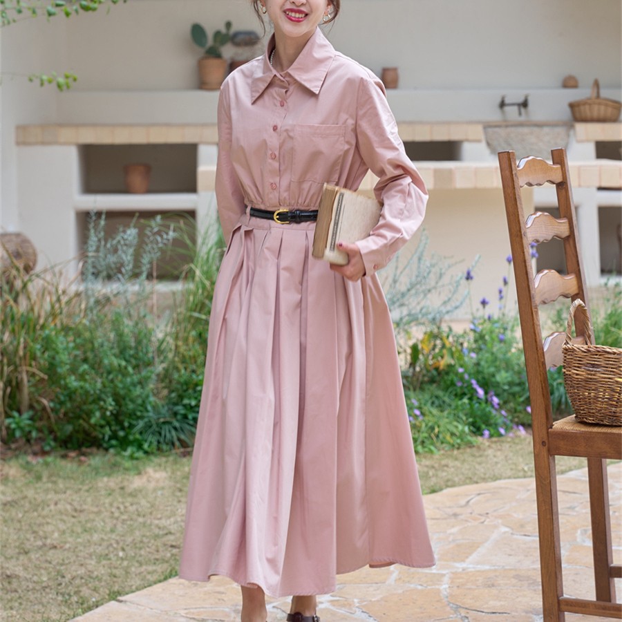 好在 简奥斯汀 小个子复古法式古巴领梅子雾粉收腰衬衫通勤连衣裙