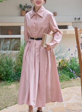 好在 简奥斯汀 小个子复古法式古巴领梅子雾粉收腰衬衫通勤连衣裙