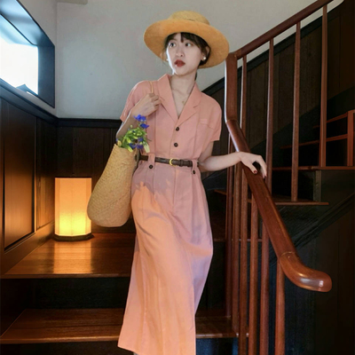 古巴领橘粉亚麻衬衫通勤连衣裙