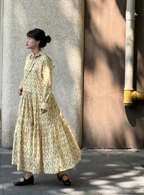 好在自制 日杂少女 小个子150复古温柔超大摆黄色碎花娃娃连衣裙