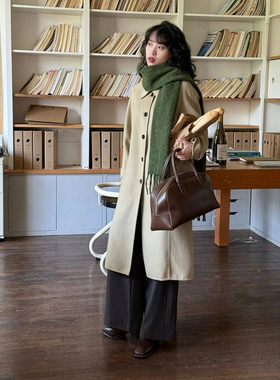 好在 休斯敦清晨 小个子抹茶绿单排扣美丽诺羊毛系带双面呢大衣冬