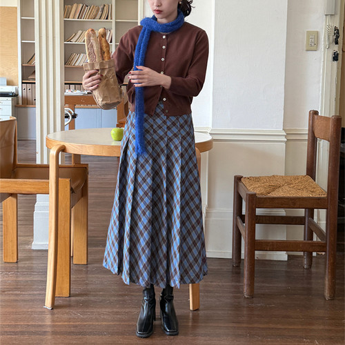 小个子秋冬格纹百褶高腰半身裙