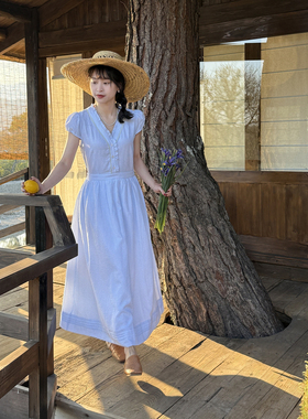 好在自制 月亮湖 小个子高支盐缩棉V领贝壳袖蕾丝浅蓝色连衣裙夏