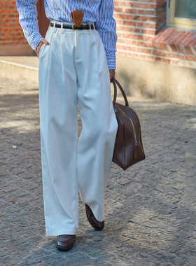 好在 意式少年 小个子150复古中性直筒压褶果实扣白色西装裤春夏