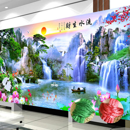 线绣手工十字绣2026新款绣客厅简约现代流水生财风景山水画迎客松