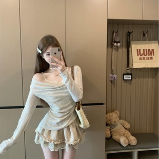 别致荡领蕾丝花边假两件小衫 清仓：法式 甜美坑条露肩上衣