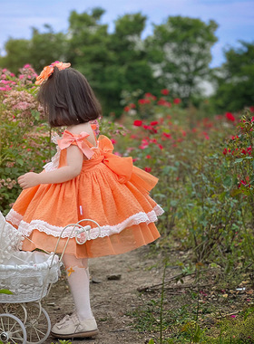 原创洛丽塔女中童可爱连衣裙蕾丝儿童公主裙亮橙色绣花宝宝吊带裙