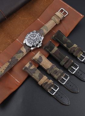 适配绿水鬼dw表带军绿色迷彩牛皮表带20 22mm 柔软真皮手表带配件