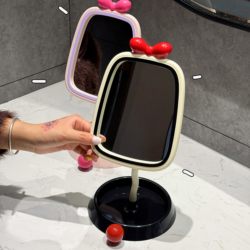 奶油蝴蝶结化妆镜子立式桌面高清镜子宿舍卧室家用女生ins高颜值