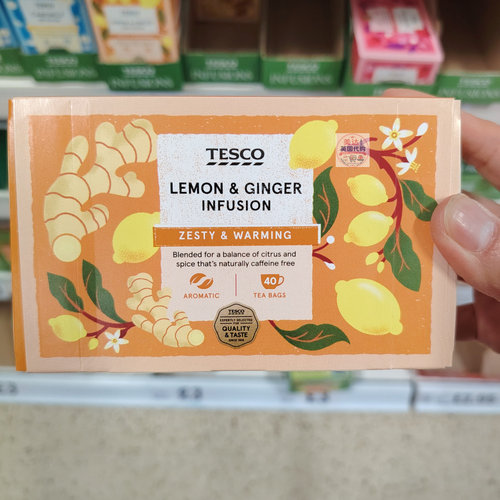 英国代购Tesco Lemon & Ginger 柠檬姜茶包 40包装 80g 无咖啡因