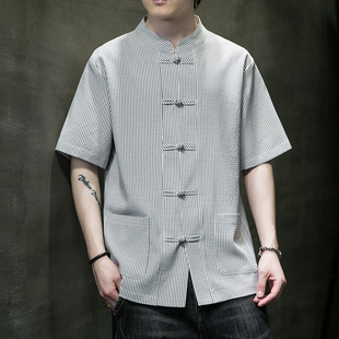 国潮衬衫 青年短袖 大码 中国风亚麻盘扣夏季 男条纹提花立领衬衣 唐装