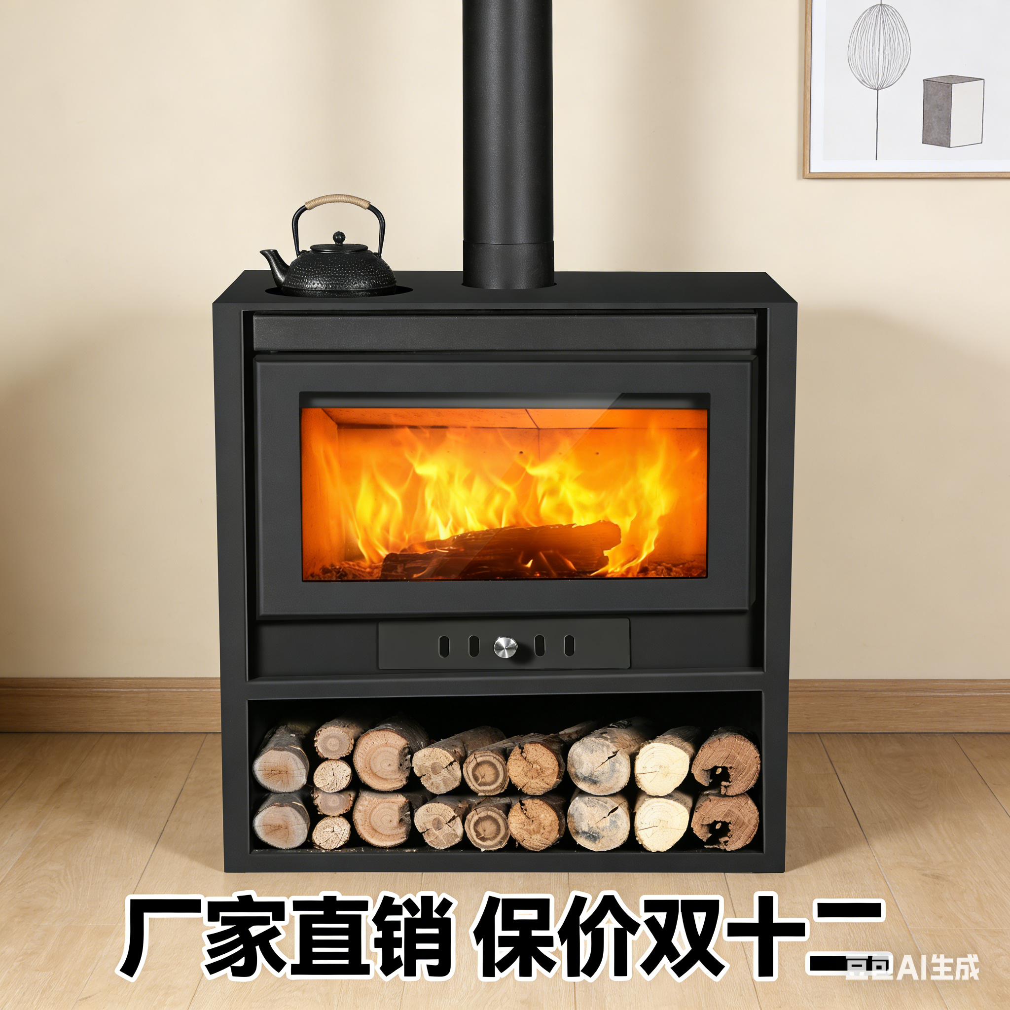 冬季燃木真火壁炉烧木柴