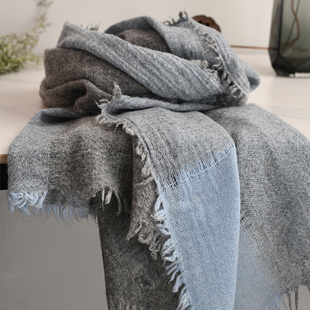 灰蓝色水煮羊毛北欧复古抽纱工艺秋冬保暖围巾披肩