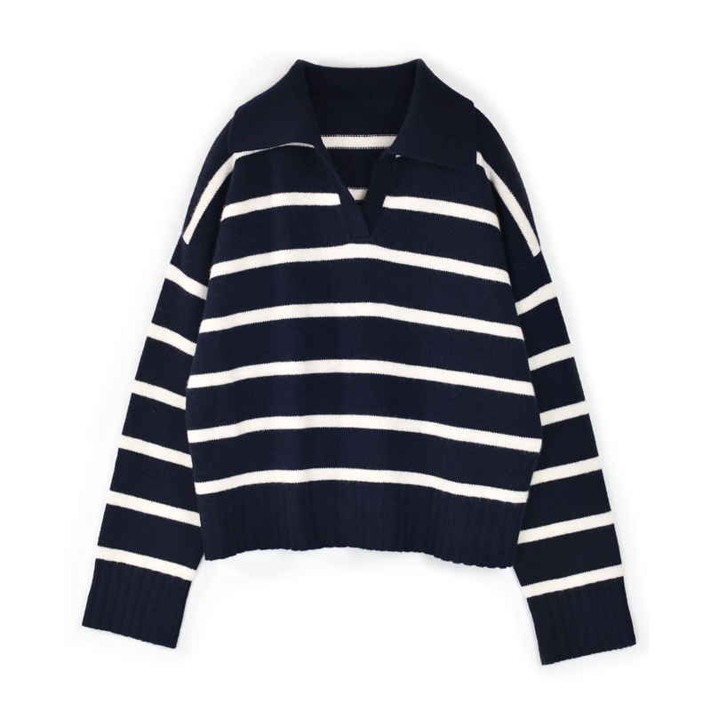 新定制秋季新款宽松POLO领百搭羊毛羊绒条纹女套头衫