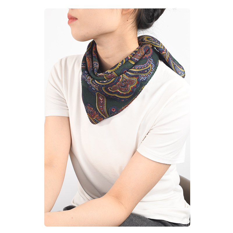 新精纺羊毛定制款春夏空调房护颈防晒薄款女文艺腰果花墨绿小方巾
