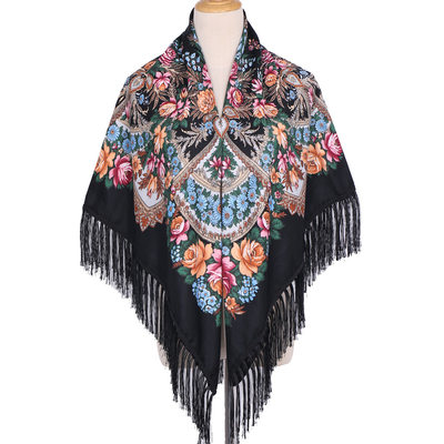 New ethnic shawl draped over women's warm neck scarf with p