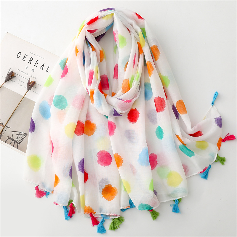 Cotton and linen feel scarf, bright colored dots, thin tass 服饰配件/皮带/帽子/围巾 围巾/丝巾/披肩 原图主图