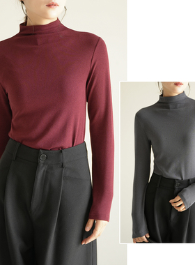 24246 含美利奴羊毛 女士啤酒领长袖打底衫 恒温保暖纯色T恤秋冬