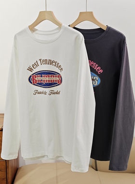 86028女士全棉打底衫 撞色彩色字母纯棉长袖T恤 圆领宽松上衣