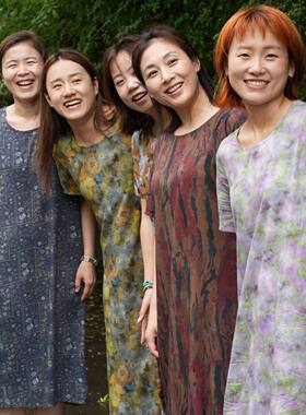 女士人棉连衣裙棉绸短袖圆领长裙
