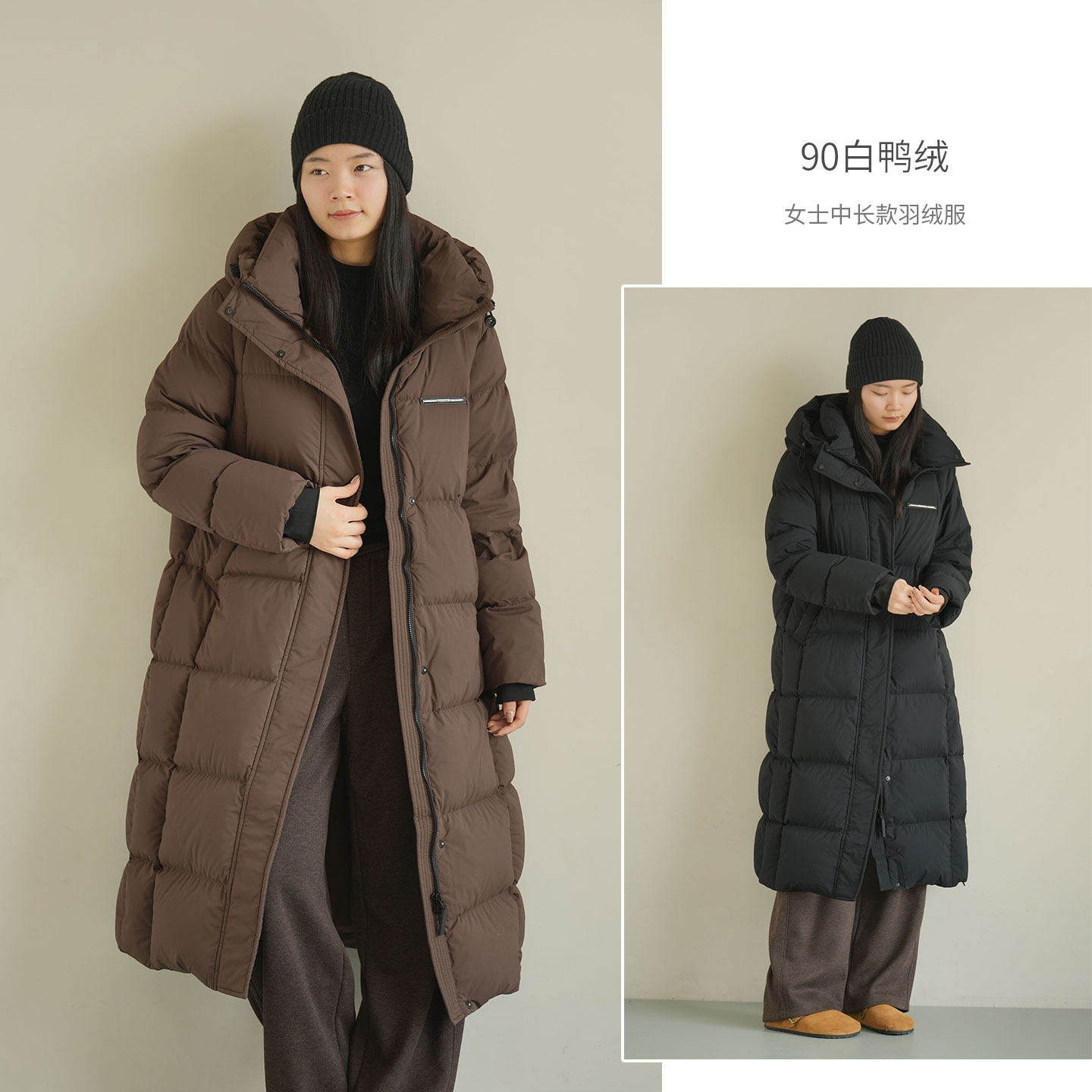 90白鸭绒 女士中长款羽绒服  厚实连帽面包服 保暖外套 女装 冬款