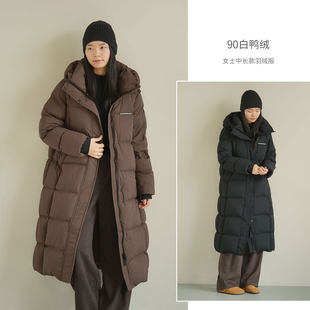 90白鸭绒 女士中长款羽绒服  厚实连帽面包服 保暖外套 女装 冬款