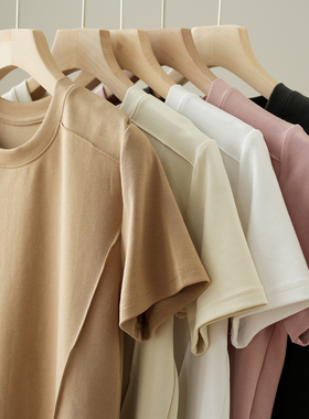 86151 莱赛尔棉 女士鱼骨缝短袖 弧形下摆 短款正肩T恤 圆领上衣