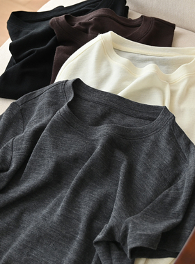 25024 100支 可机洗美丽诺全羊毛 女士圆领短袖薄软T恤衫夏款女装