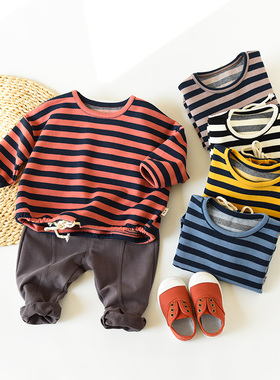 59417 清 儿童条纹圆领套头衫 男童女童纯棉抽绳卫衣 春秋款