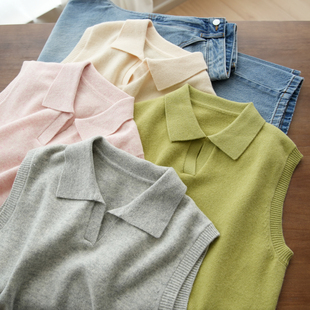 89777无补 女士纯色翻领针织马甲 通勤羊毛背心 春秋款 女装