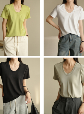 86152 莱赛尔棉 锁骨U型领 女士纯色短袖 软糯顺滑T恤衫上衣 夏款