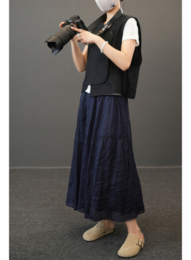 84718 重磅全亚麻 女士西装马甲 不规则坎肩 V领斜襟短款 春夏