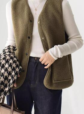 83419 双面绒 女士V领颗粒绒开衫马甲 叠穿外搭保暖外套坎肩女装