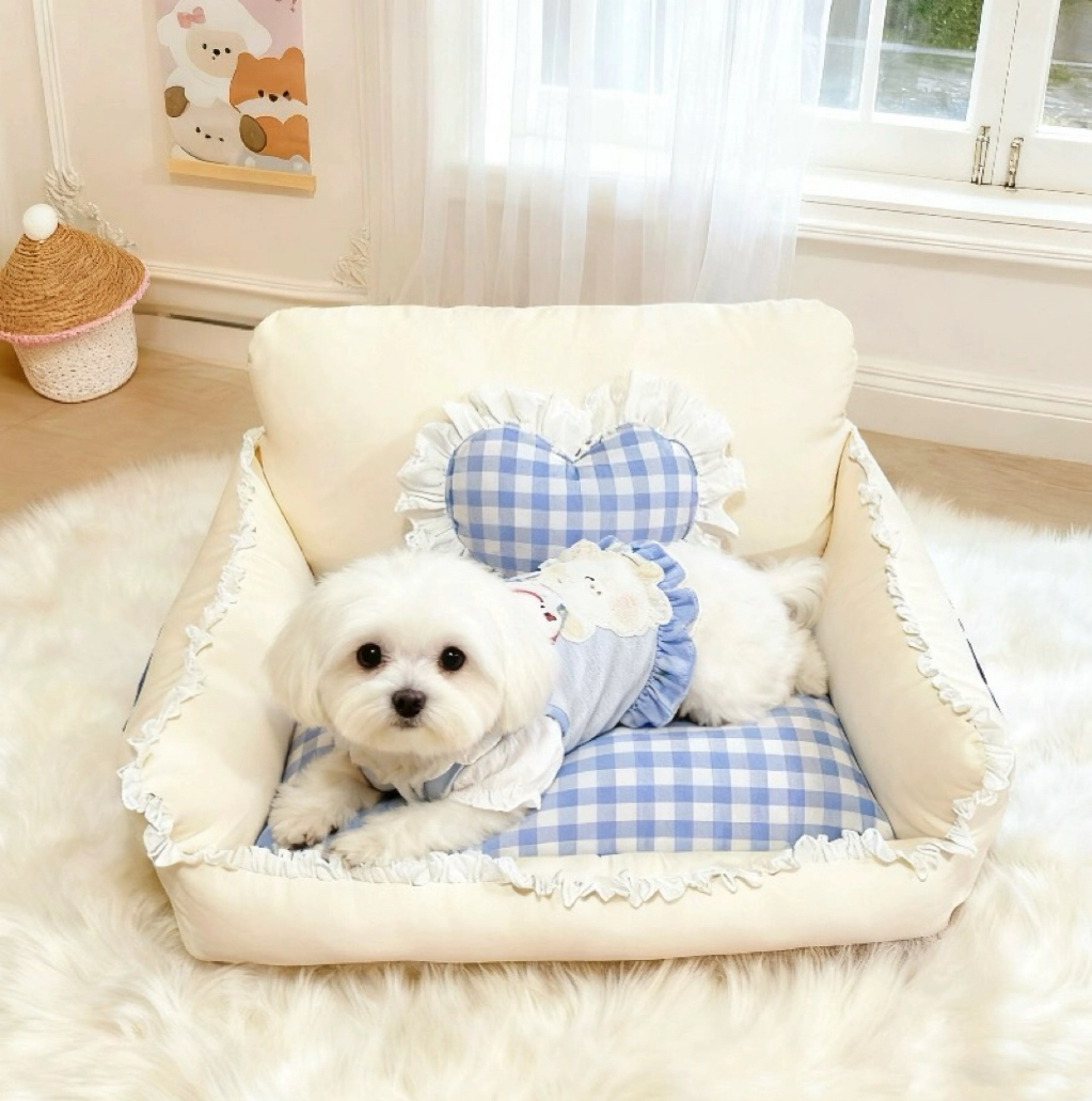Totopets手工定制韩风蓝格子宠物沙发窝猫咪狗狗比熊宠物窝可拆洗