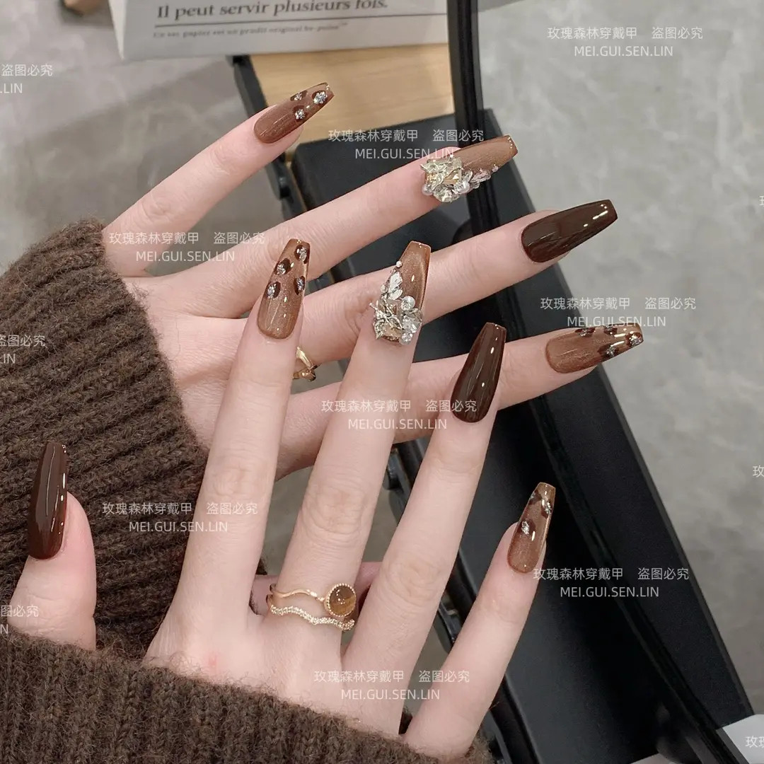 香橙美式玫瑰森林棕色豹纹气质款秋冬手工定制气质穿戴甲流行碎钻