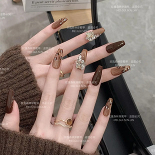 香橙美式 秋冬手工定制气质穿戴甲流行碎钻 玫瑰森林棕色豹纹气质款