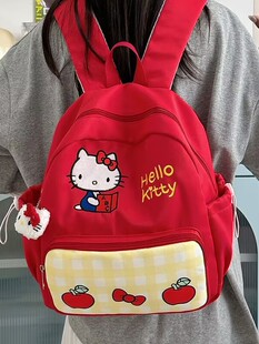 卡通甜美红色KT 猫尼龙双肩包校园风时尚学生书包高颜值春游背包