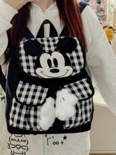 小众设计黑白格子米老鼠可爱双肩包休闲百搭背包学生外出旅行包包
