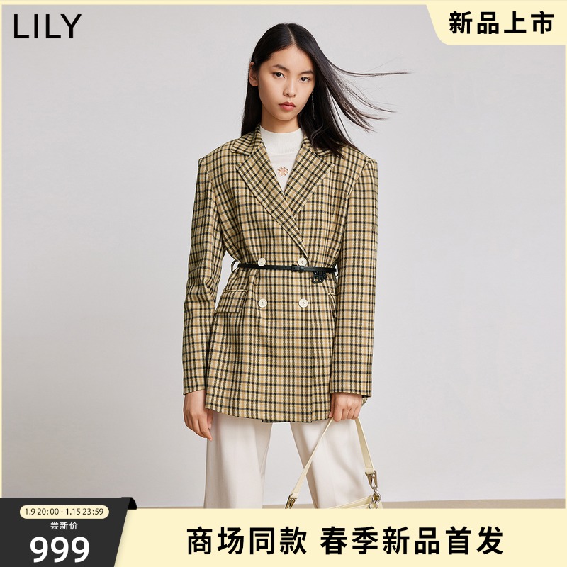 【商场同款】LILY2022春新款女装复古英伦格纹腰带款修身西装外套