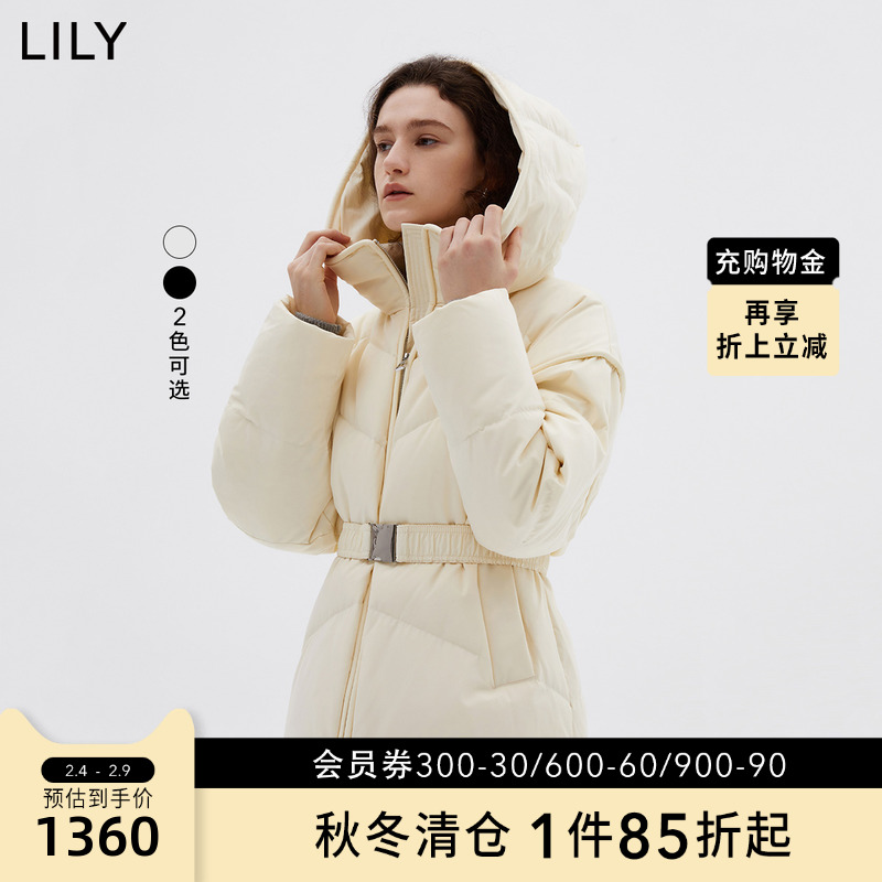 【商场同款】LILY2022冬新款女装黑科技三防显瘦腰带连帽款羽绒服