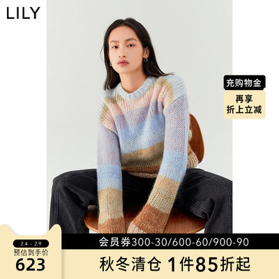 【商场同款】LILY2022冬新款女装时尚别致拼色条纹通勤款圆领毛衣