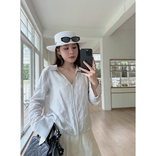 亚麻拉链正肩衬衫外套三色