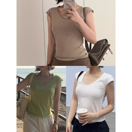 竹节棉微宽松V领卷边短袖T恤